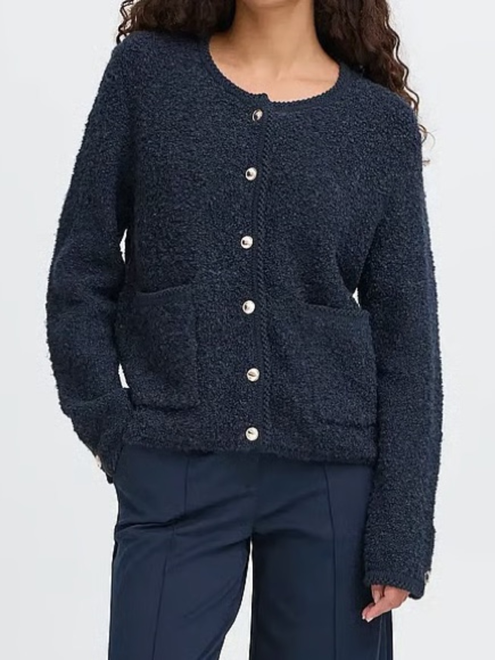 ICBI Total Eclipse Navy Bouclé Button-Front Cardigan Jacket NWT S